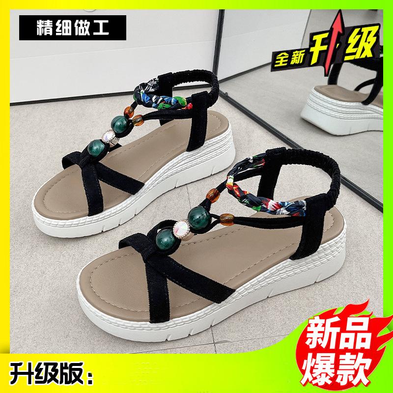 

Summer 2025 ethnic sandals women s bohemian beach heel beaded large size women s shoes 42 чёрный
