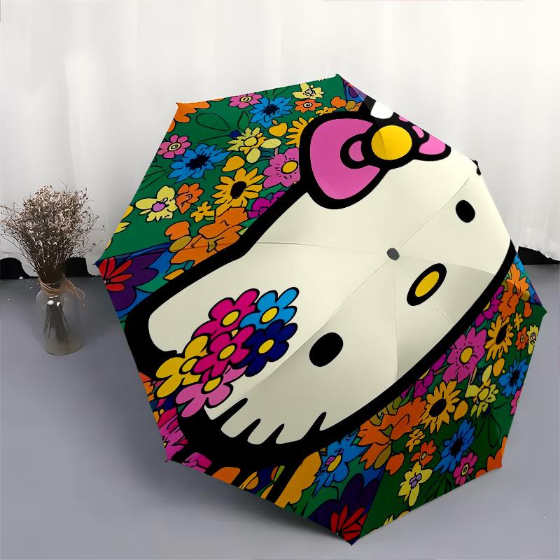 Hello Kitty,Floral Pattern Automatic Folding Umbrella-Simple 8-Rib Design, Bright Cartoon Pattern, Durable Iron Frame, Suitable For Travel,