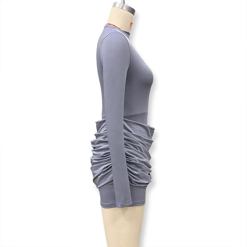 Women's Slim-Fit Pleated Dress: Long Sleeve, Waist-Cinching, Solid Color, Hip-Hugging Design