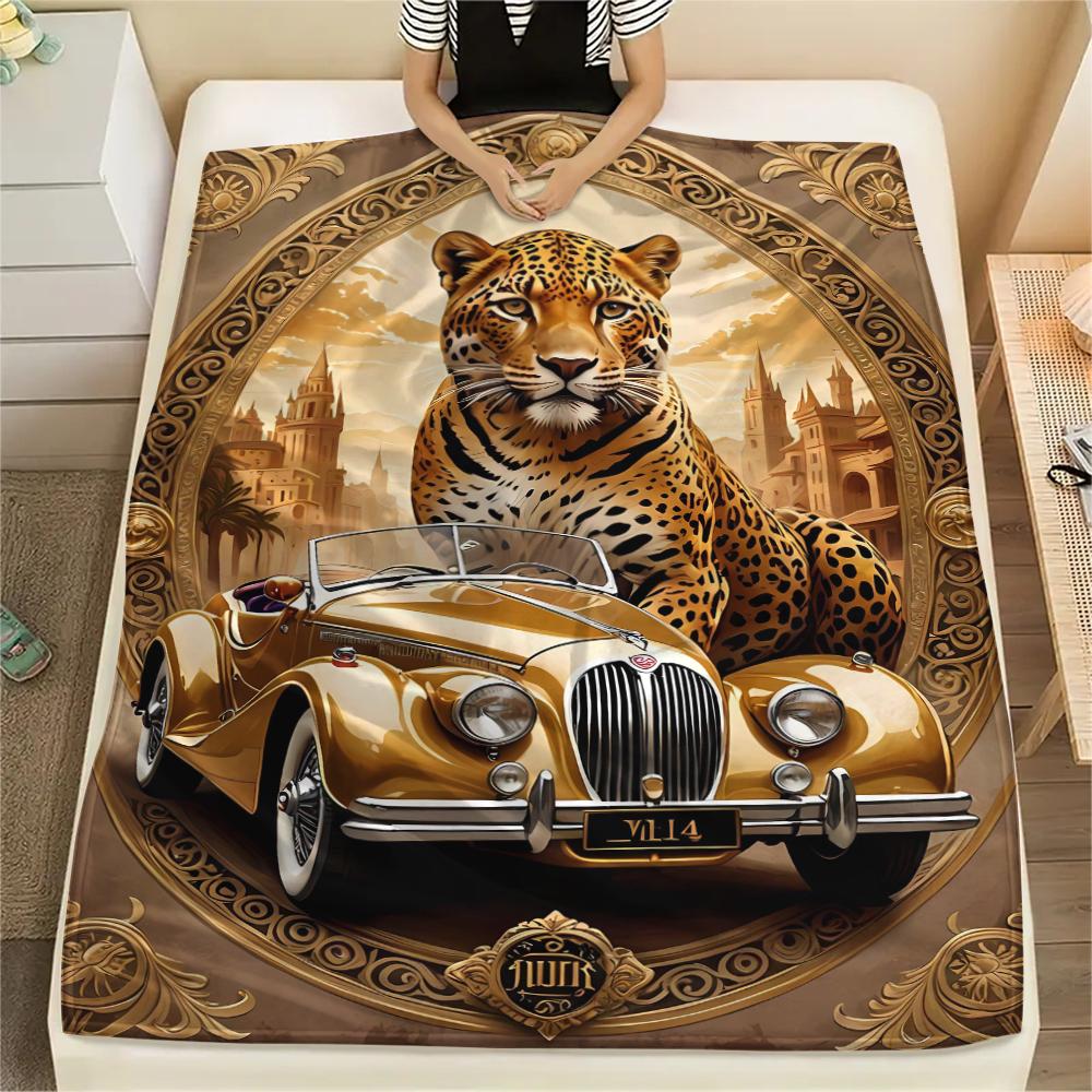 1Pc Leopard and Car Print Flannel Blanket, High Quality Comfortable for All Seasons, Home Decor, Warmth and Comfort, Perfect for Gifts