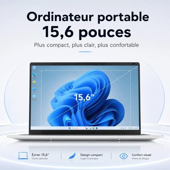 Ordinateur portable 15,6 pouces Intel Celeron N95, 8 Go mémoire DDR4, SSD 256 Go, Windows 11 Pro, Wi-Fi 5 et port HDMI
