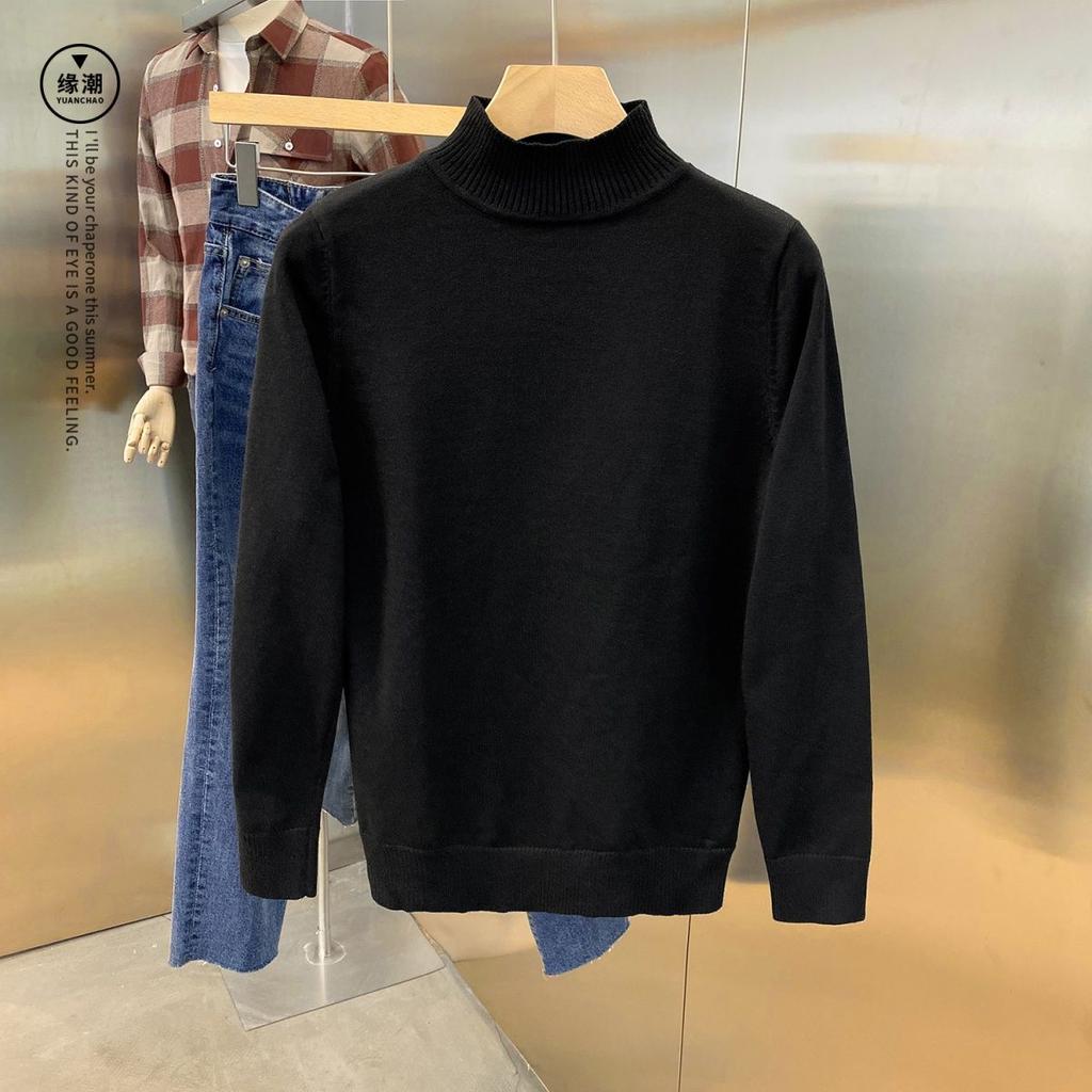 Spring Autumn Men's Half High Collar Solid Color Pullover Splice Casual Fashion Elegant Commuter Long Sleeve Sweater