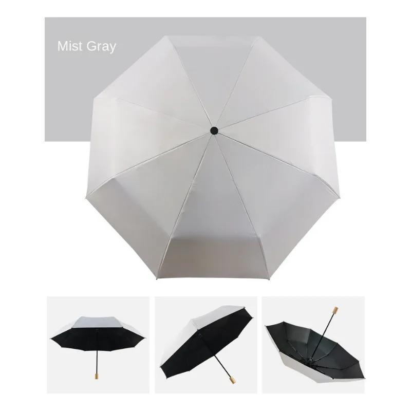Simple Plain Triple Folding Umbrella Solid Wood Handle Girls Partysu Vinyl Sun Umbrella Reinforced Umbrella