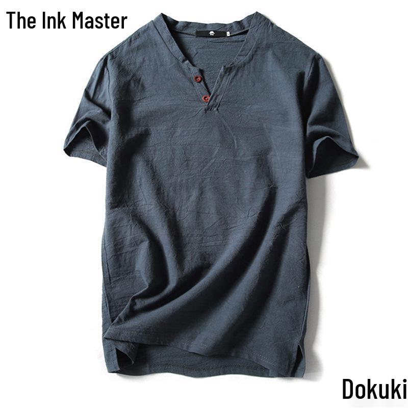 Men's Plus Size Summer Cotton-Linen V-Neck Loose Fit Short Sleeve T-Shirt