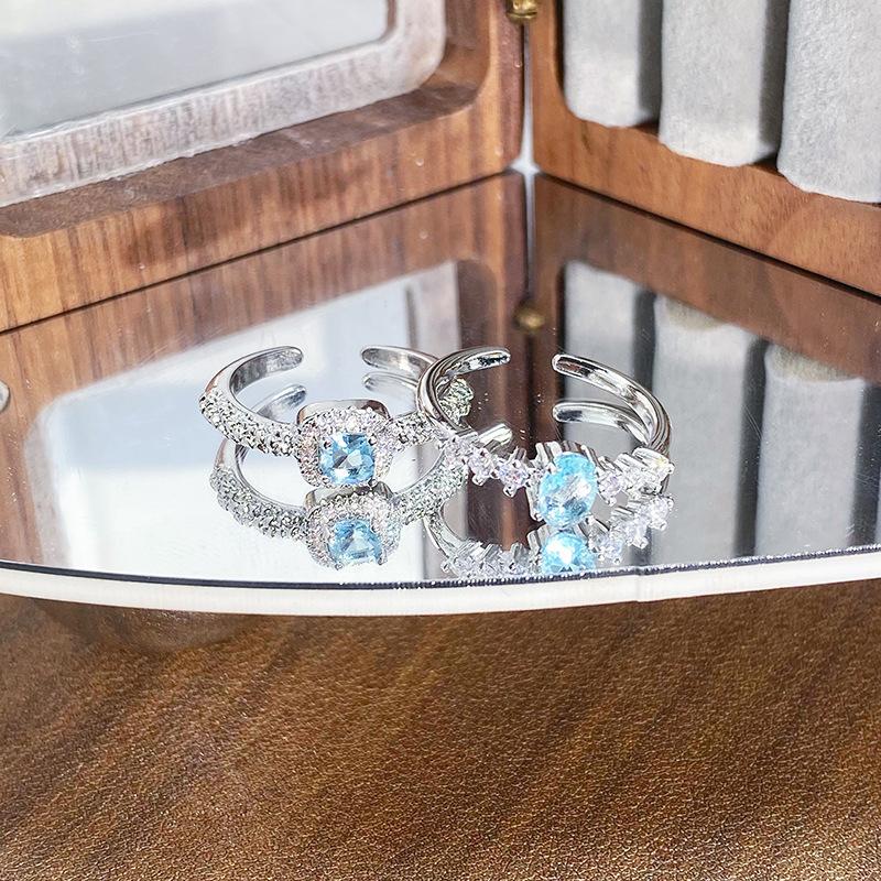Light Luxury High-End Sea Blue Zircon Light Luxury Sugar Cube Love Open Ring Niche Stacking Wearing Colored Treasure Exquisite Ring