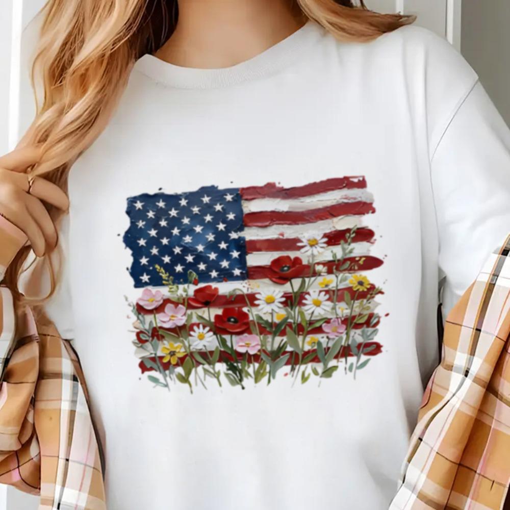 American Flag Floral Women's Round Neck T-shirt Summer Casual Short Sleeved Top Street Fashion Women's Versatile Y2k Top