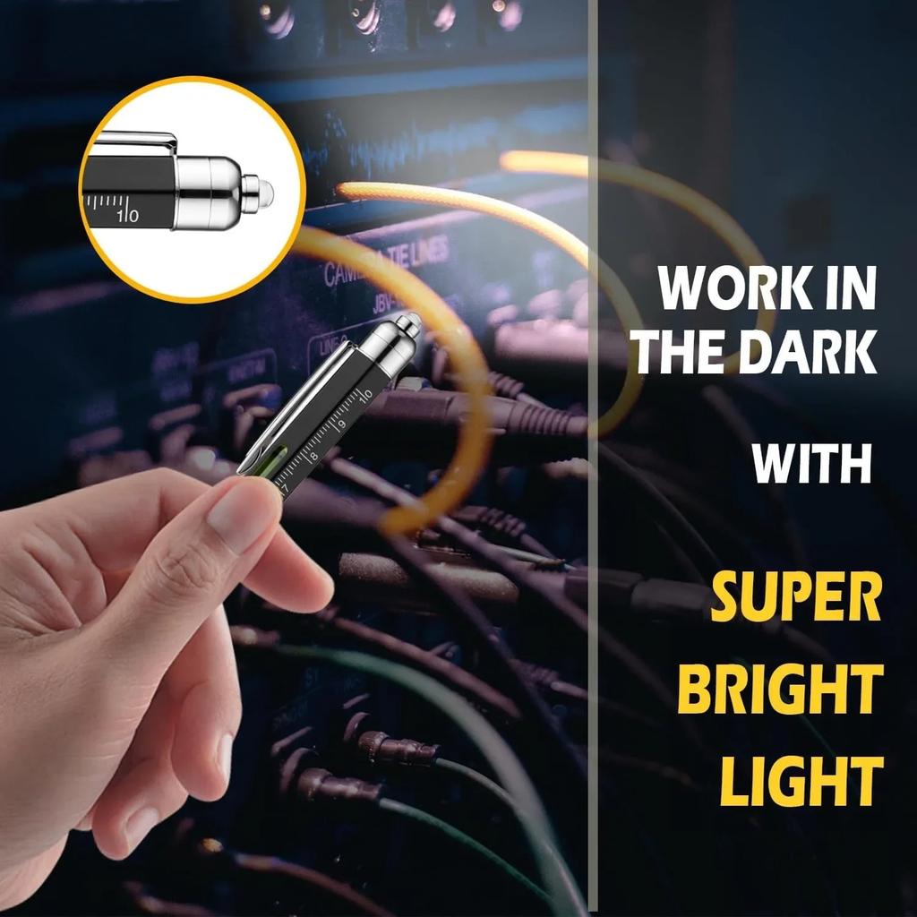 Caneta Multifuncional (caneta stylus, caneta esferográfica, 6 recargas, régua de 4 polegadas, nível, chave de fenda Phillips, LED)