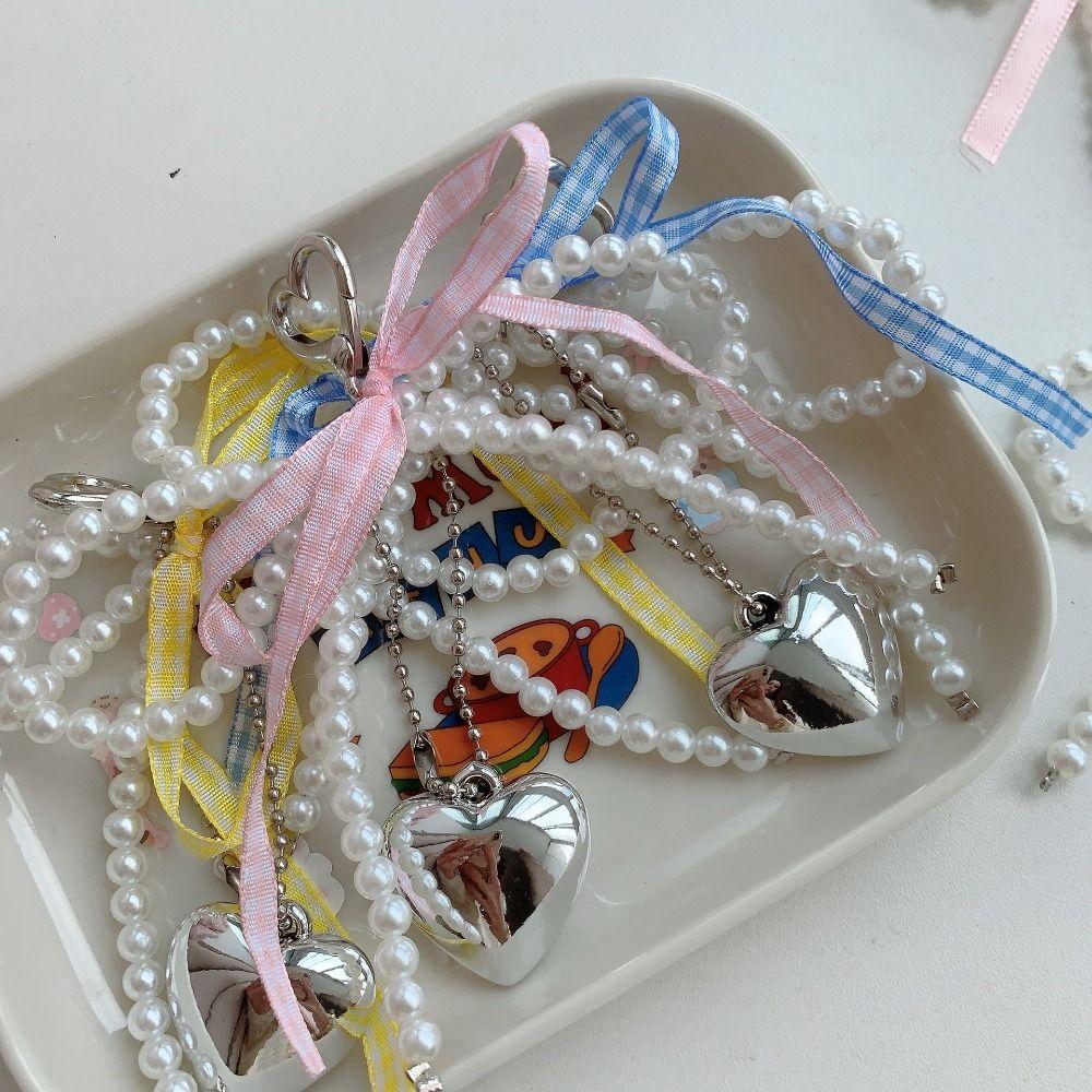 Heart Bow Phone Chain Imitation Pearl Heart Pendant Keyring Simple Bow Bag Pendant  Lady