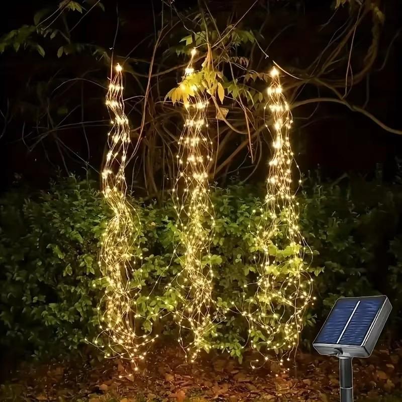 Solar Waterfall Branch Lights Warm White LED Copper Wire Lights Waterproof Solar Powered Vine Lights for Outdoor Garden Patio