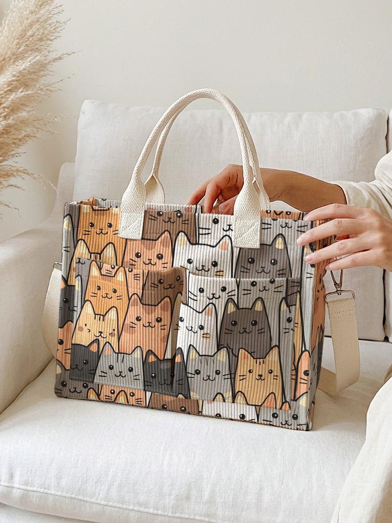 Süßer Cartoon-Katzen-Collage-Druck Korduroy-Tragetasche Große Kapazität Mehrere Taschen Katzenliebhaber Pendler Schultertasche