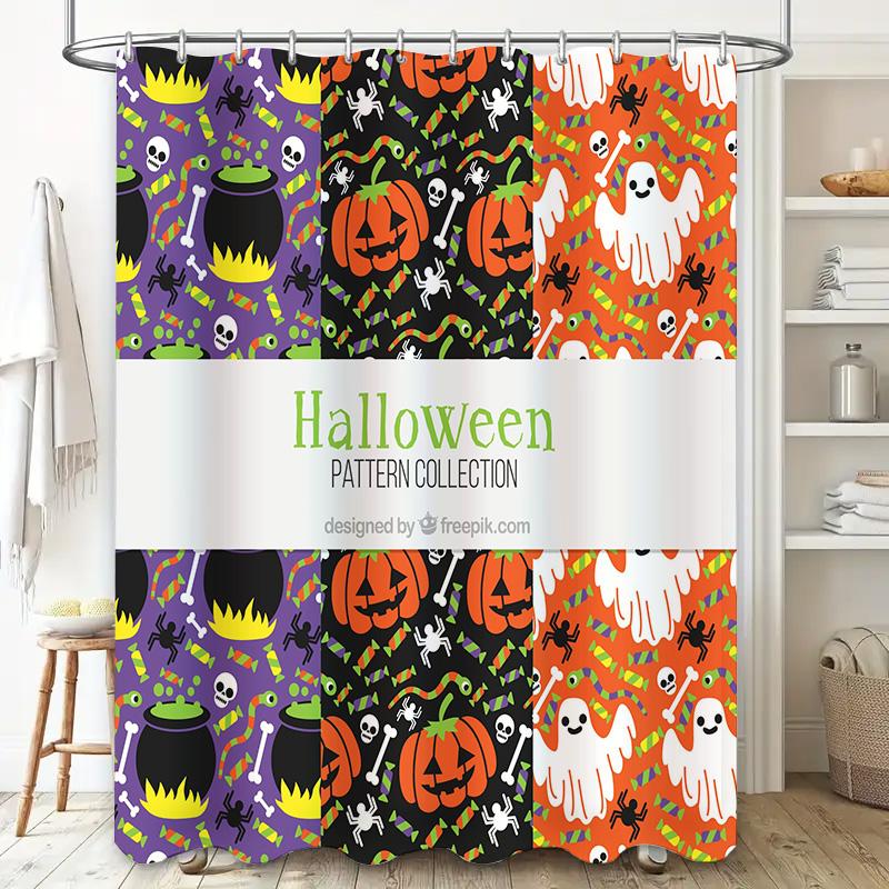 Halloween Pattern Shower Curtain Set For Bathroom Decoration Washable Polyester Fabric With Haunted House Ghost Design In Multip