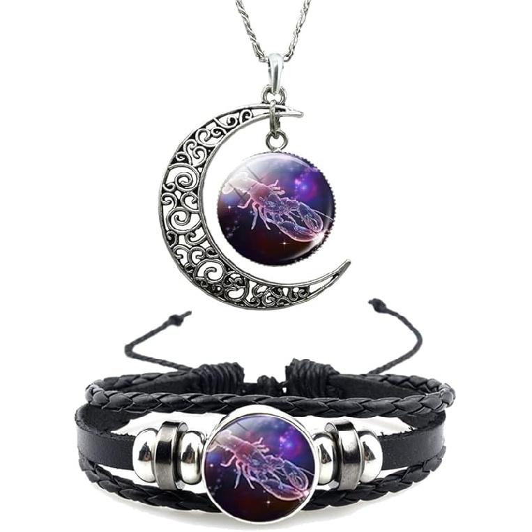 12 Zodiac Constellation Necklace Bracelet Time Gemstone Horoscope Astrology Moon Crescent Necklace for Women Men Birthday Gift Jewelry