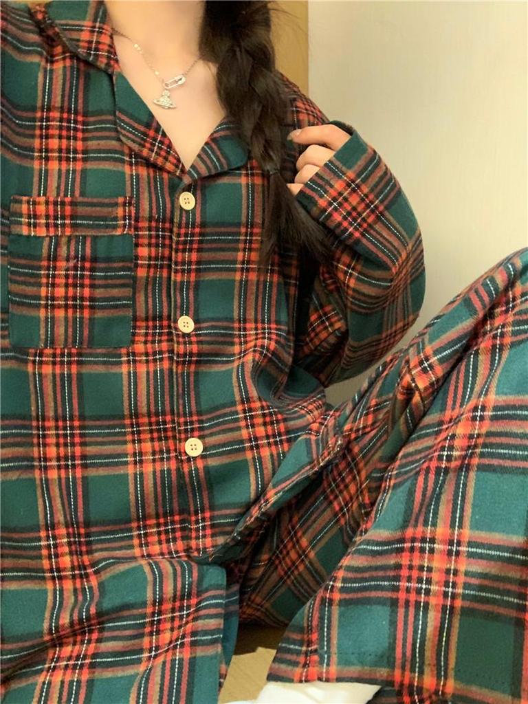2024 Autumn Loose-Fit Couple Pajama Set - Long Sleeve Christmas Plaid Flannel Homewear