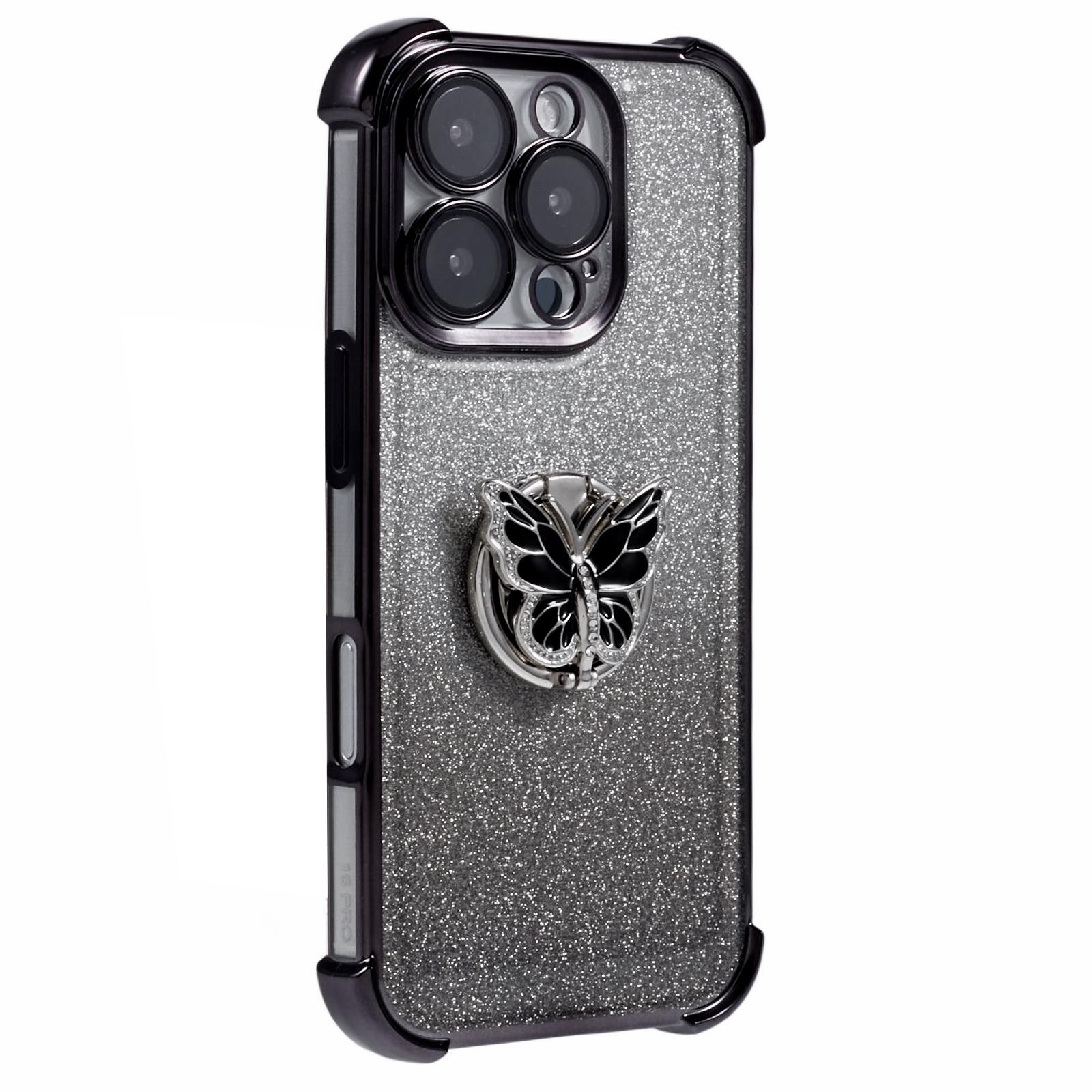 For iPhone 16 Pro Case Butterfly Kickstand Glitter TPU Shockproof Phone Cover A