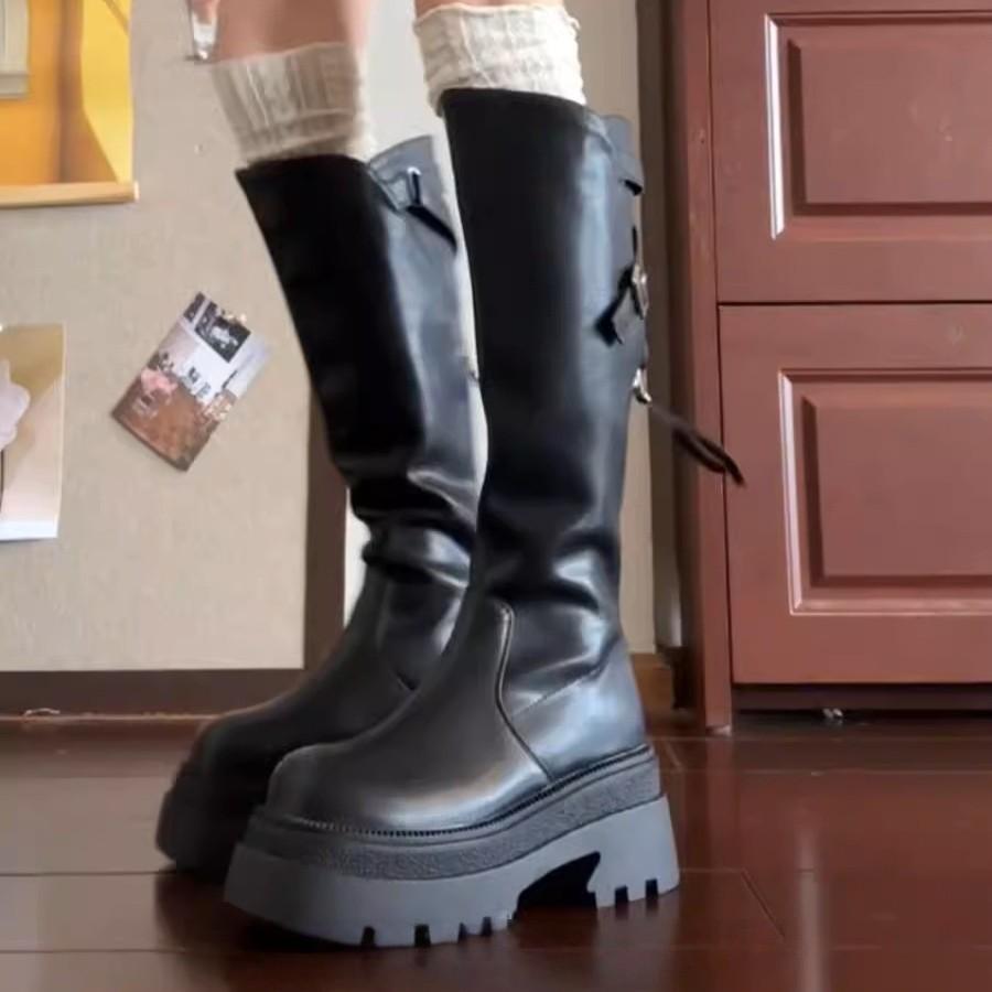 Niche Design Sense Locomotive Thick-soled Boots Small Man Looking Thin Black But Knee Boots Children Autumn