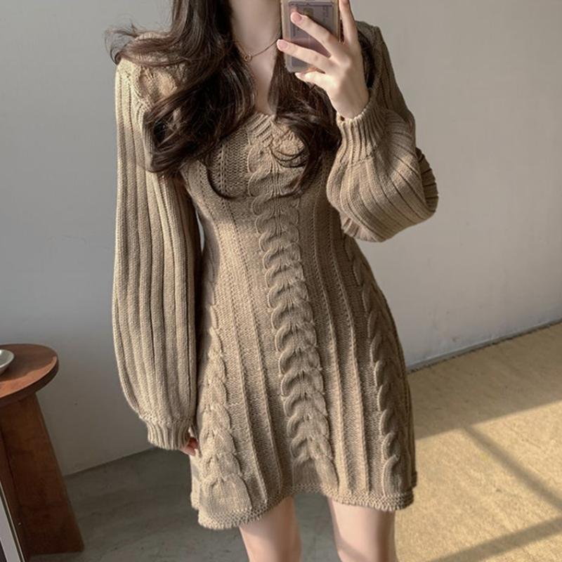 spring autumn casual slim mini dress fashion Long Sleeve elasticity sweater Dresses V-neck solid a-line knitted dress for women