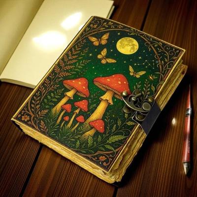 Handmade Leather Journal – Enchanted Forest Mushroom Leather Journal – Handmade Deckle Paper Notebook 5x7" 200 Page