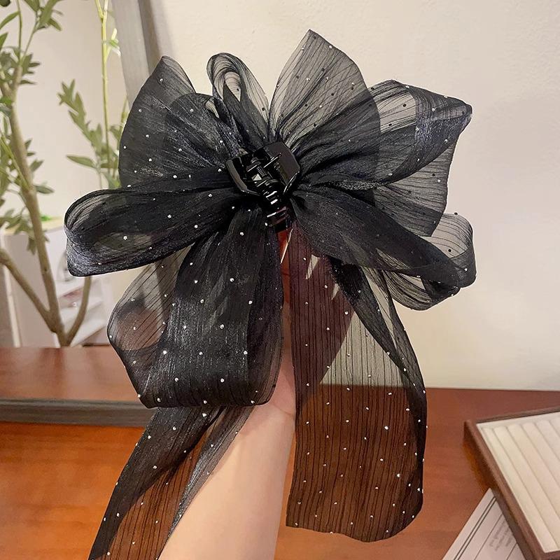 Korean Style Fashion Large Bow Ribbon Hair Claw Super Fairy Temperament Glitter Rhinestone Hair Clip Girl Sweet Hair Accessories