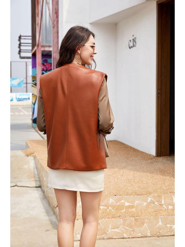 Plus Size Women's Sleeveless PU Leather Vest & Short Cardigan Jacket