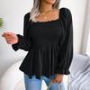 Women's Casual Fashion Solid Color Ruffled Square Collar Long Sleeve Chiffon Shirt