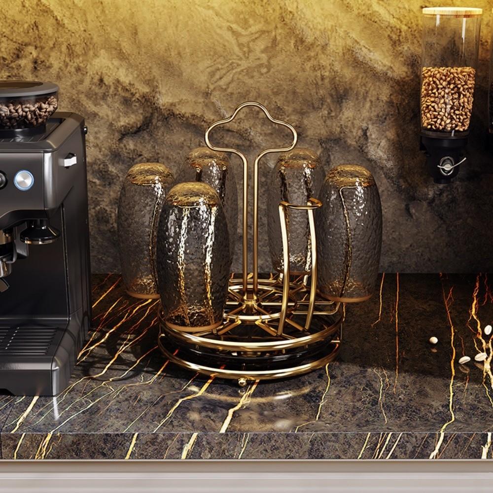 Gold Cup Holder with Water Drain Tray Large Capacity Glass Cup Storage Rack Mug&Cup Organizer Bar