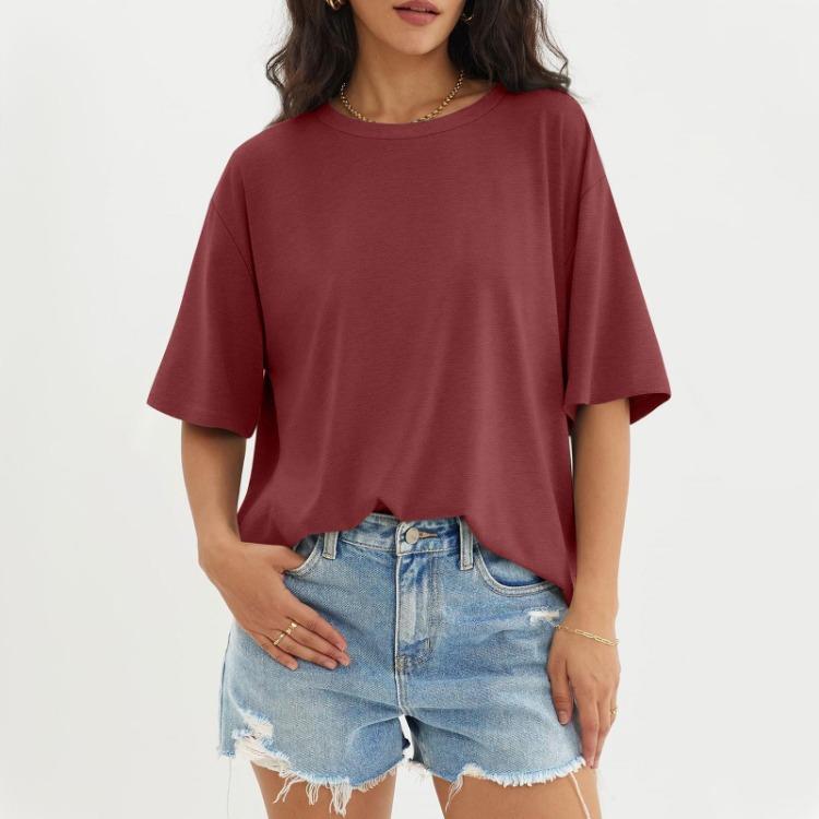 Solid Color Round Neck Top Women Casual Three Half Sleeve Fashionable