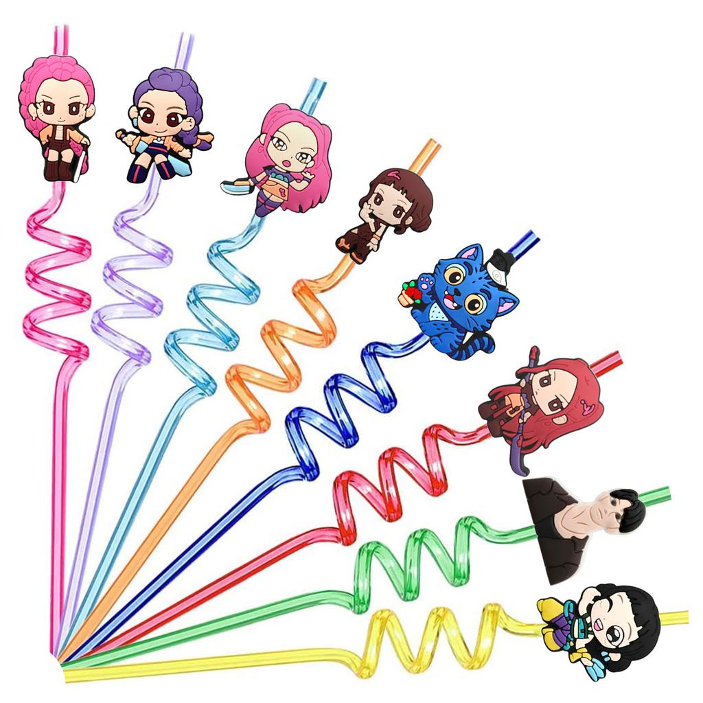 8 wiederverwendbare Spiral-Trinkhalme mit K-Pop-Dämonenjäger-Motiv, ideal als Partydekoration oder Geschenk für Kinder.