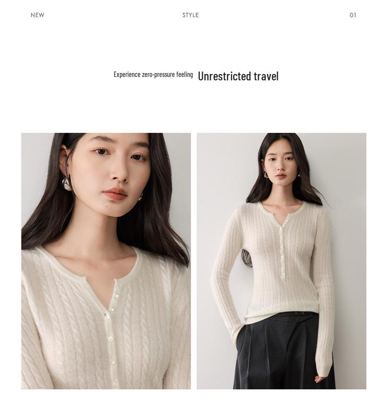 Elegant V-Neck Women's Cashmere Sweater - Cable Knit, Slim Fit, Button-Down, 2026 Autumn/Winter Collection.