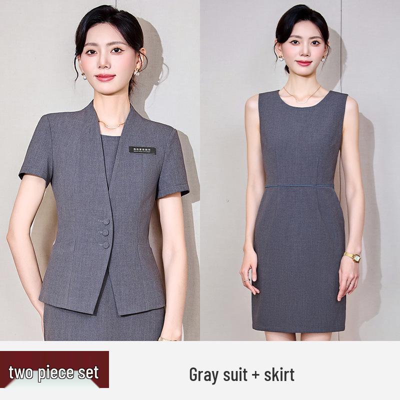 Women's Gray Summer Suit Set: Short-Sleeved Professional Attire for Hotel Front Desk or Jewelry Store