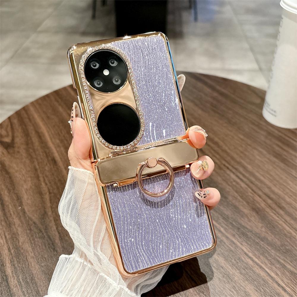 For Huawei Pocket 2 Case with Ring Holder Ripple Texture Hard PC Electroplating Phone Cover