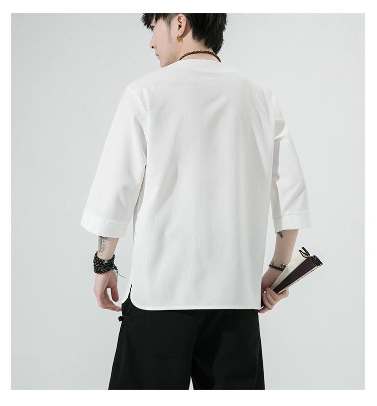 Men's Retro Plus Size Cotton Linen Hanfu T-shirt with Frog Button, Three-Quarter Sleeves