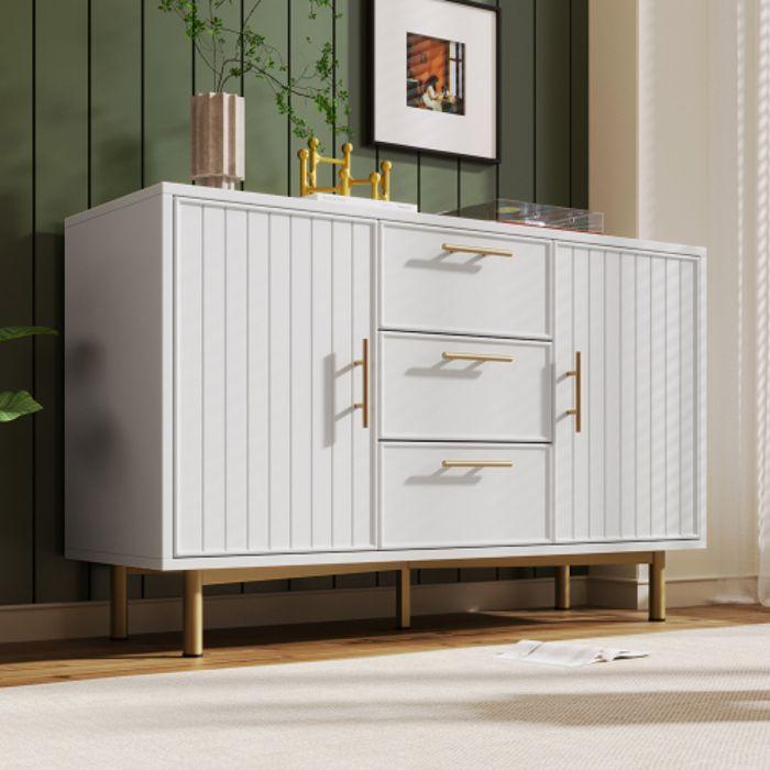 Commode 2 Portes, 3 Tiroirs Avec Portes Et Étagères Réglables, Blanc - H75/B120/T40 Cm.
