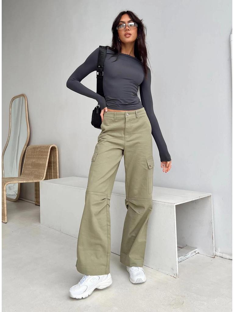 2023 Women's Autumn Slim Fit Irregular Long Sleeve T-Shirt - Solid Color, Round Neck