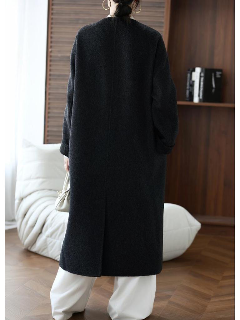 Women's Extra Long Double-Faced Wool Coat - Round Neck, Chinese Style
