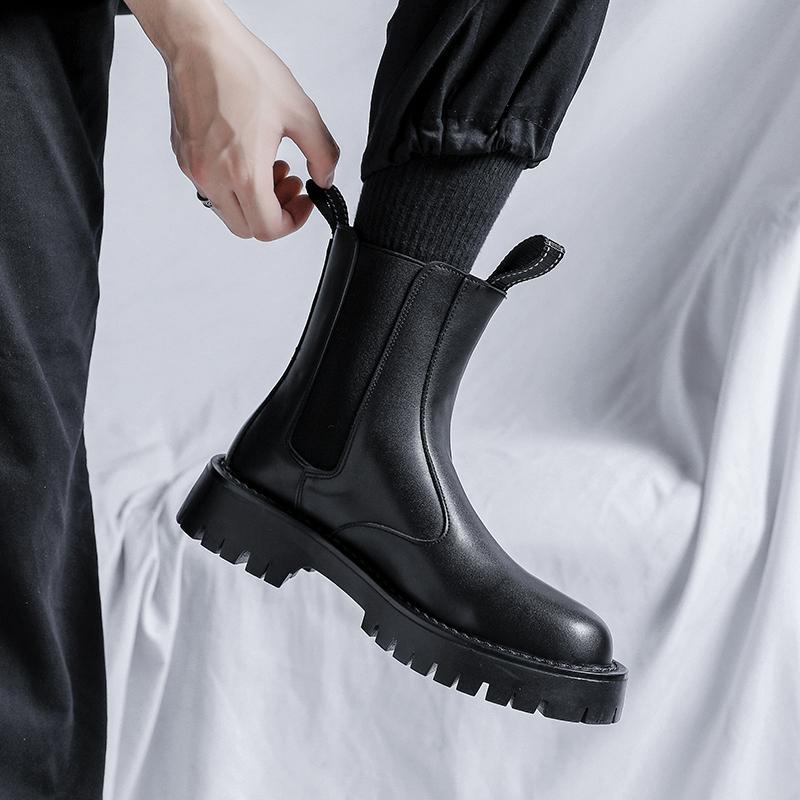 Leather Mens Boots High Top Fashion Decorative Luxury Designer Shoes Men Business Round Toe Slip-on Sleek Boots Plush Warm Shoes