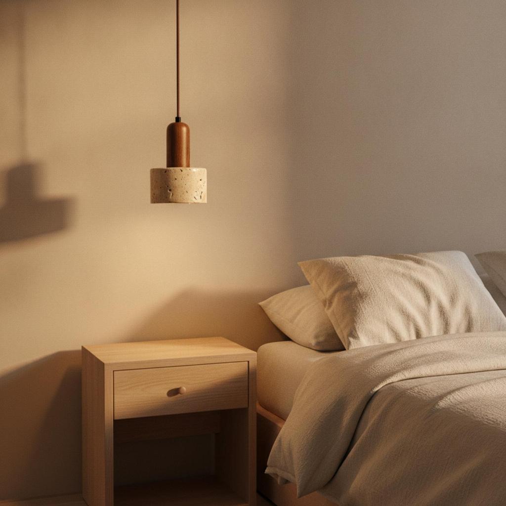 Pendant Lamp with Wooden Top Rustic Minimalism Stone Organic Lighting Fixture for