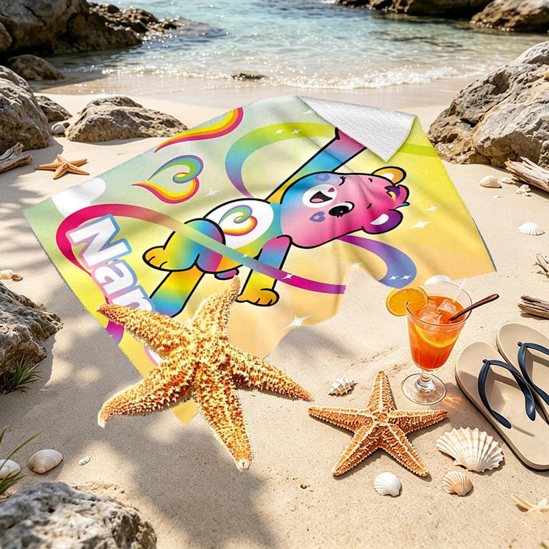 Custom Name Personalized Care Bears Print Beach Towel, for Trip Camping Beach Party Home Decor, Birthday Gift for Family & Friends