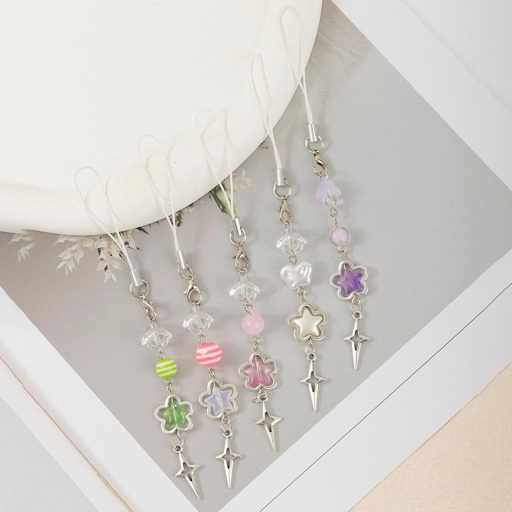 Japanese & Korean Sweet Translucent Beaded Flower Star Phone Charm Pendant USB Decoration