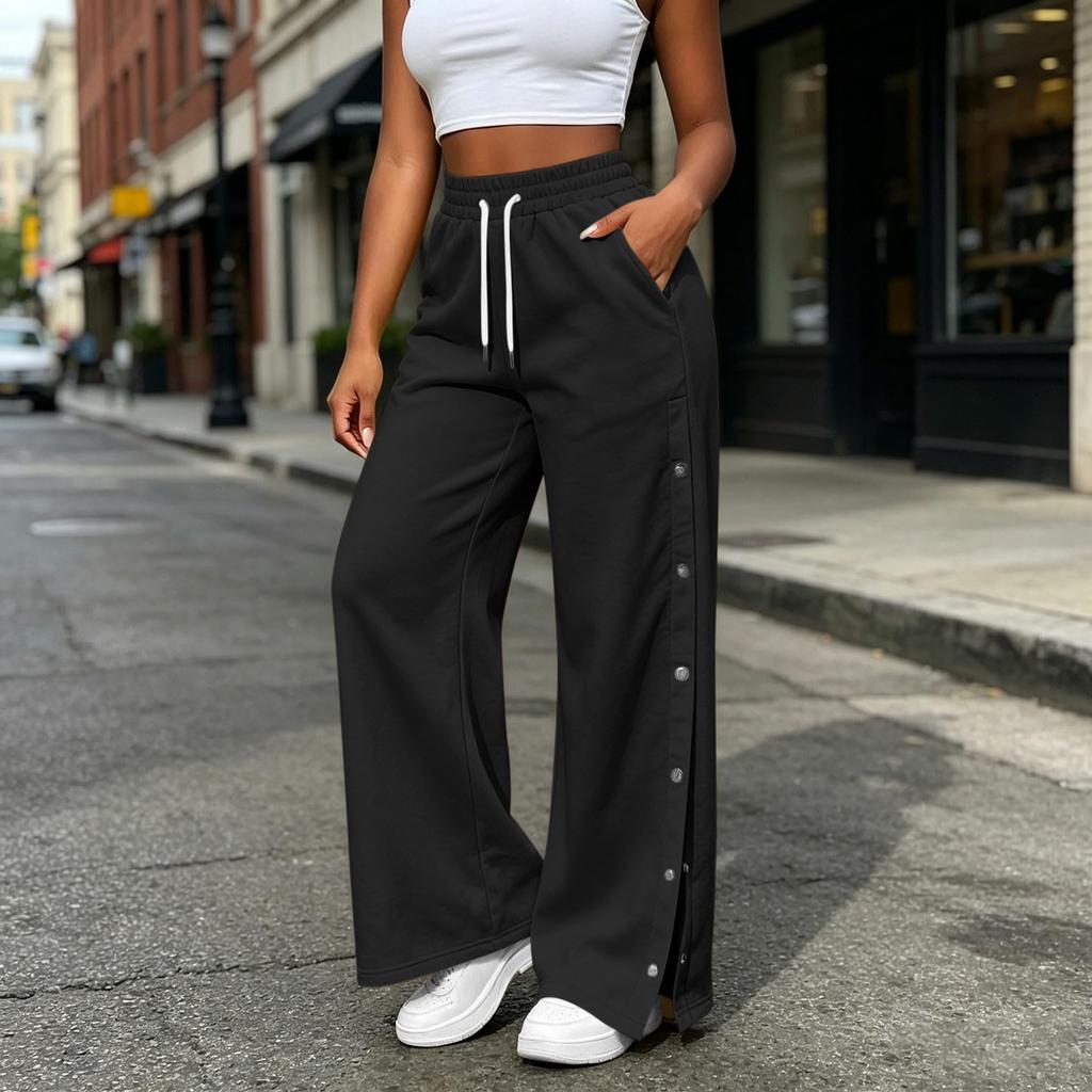 Women's Casual Color Wide Leg Pants with Side Buttons Loose Fit Trousers for Everyday Wear
