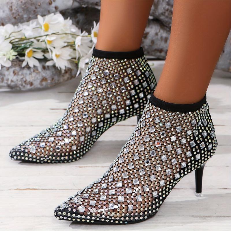 Sexy Pointed Fine Heel Big Size Hollow Rhinestone Elastic Transparent Fashion High Heel Women's Sandal Boots
