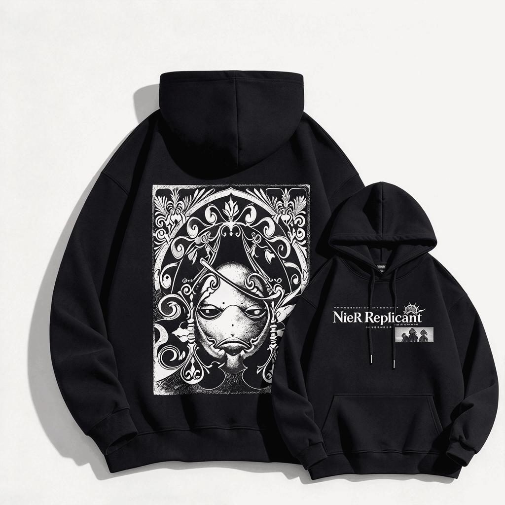 Nier Replicant Game Print Hoodie Unisex Long Sleeve Sweatshirt Casual Streetwear Ornate Dark Vintage Art Loose Pullover Hoodie for Men Women