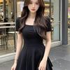 Temperament Royal sister style black square neck short-sleeved dress women's new small waist and thin A-word short skirt