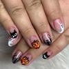 24-Piece Wearable Halloween Almond Nail Art Set: Pumpkin & Bat Ultra-Thin Fake Nails with Detachable Elements