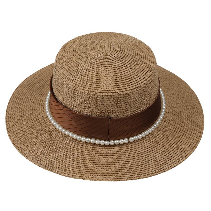 French Celebrity Flat Top Hat Summer Elegant Pearl Straw Seaside Sun Hat Children