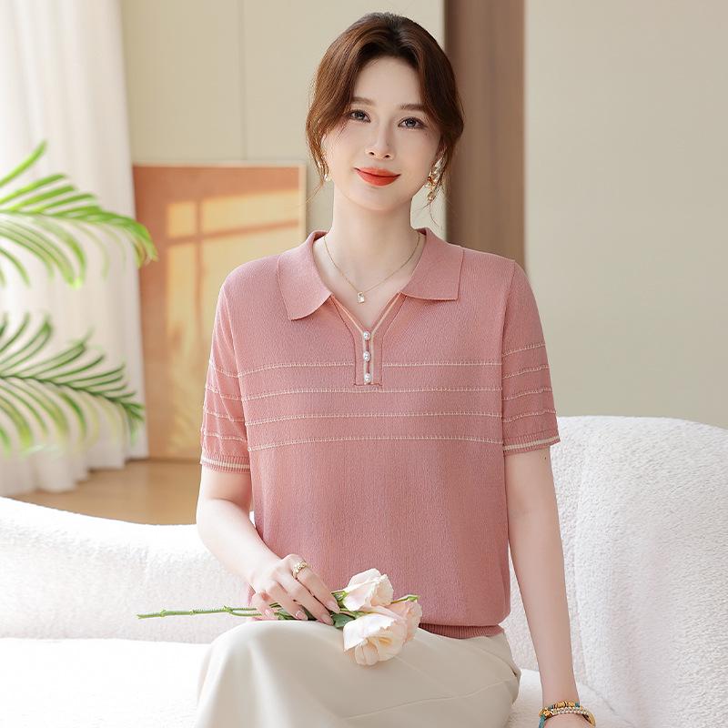 Mom's Summer 2026 Fashion: Ice Silk Knitwear, Short Sleeve Top for Middle-Aged & Elderly Women