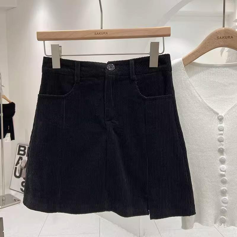 2024 Autumn Women's High-Waisted Corduroy A-Line Mini Skirt with Button, Slit, and Anti-Exposure Design - Korean Style Versatile Bodycon.