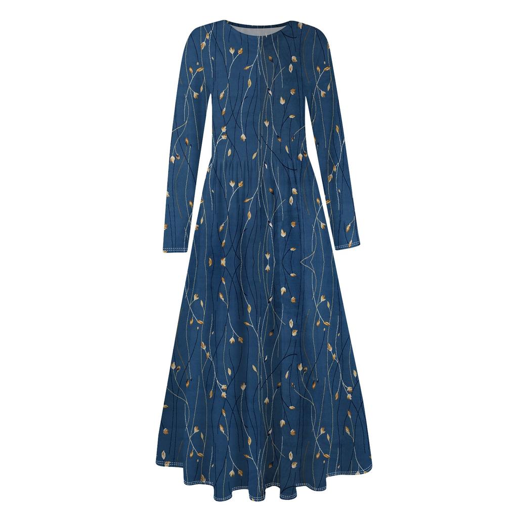 Rochie boho midi cu imprimeu floral, gradient pentru femei, ocazional, cu maneca lunga, rochii fluide fumate, cu buzunar Rochii de vacanta pentru femei