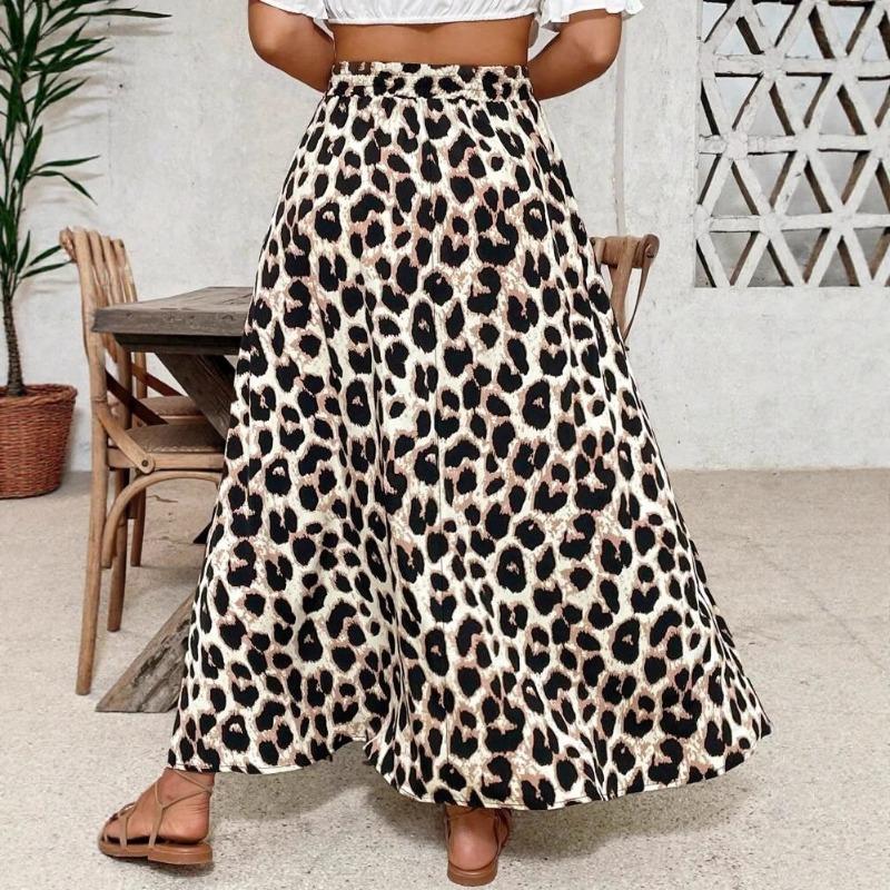 Summer New Women's Leopard Print High Waist Skirt Elastic Waist Slit Hem Casual Long Skirt