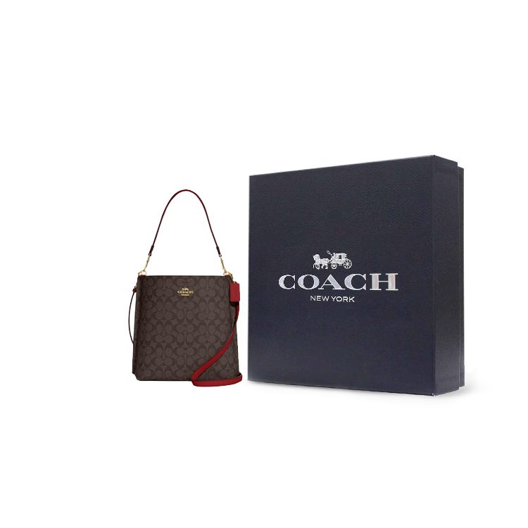 Coach Mollie Logo Classico Stampato Chiusura a Bottone Tracolla Staccabile Tela Rivestita Pelle Liscia Borsa a Secchiello Borse da Donna Marrone CA561-IMRVQ
