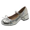 French silver Mary Jane shoes women's 2025 new summer with skirt thick heel high heels women's bow small leather shoes